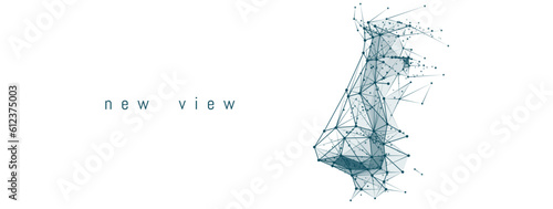 Face profile. Abstract part of human face in connected dots and lines. Conception of artificial intelligence, robot and cyborg. Side view of digital low poly nose and eye. Vector illustration