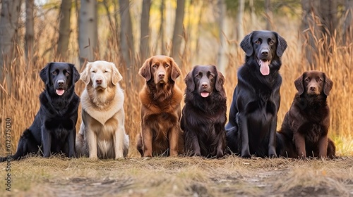 Group of Purebred Retriever Dogs Sitting in a Field - Golden, Labrador, Nova Scotia Duck Tolling & Obedient Flat Coated Retriever Pet Breed: Generative AI