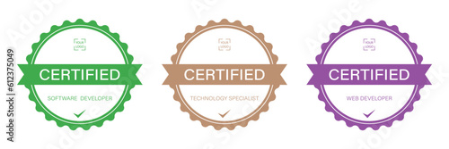 Digital badge certified information technology qualification template. Logo certificate with round shape design