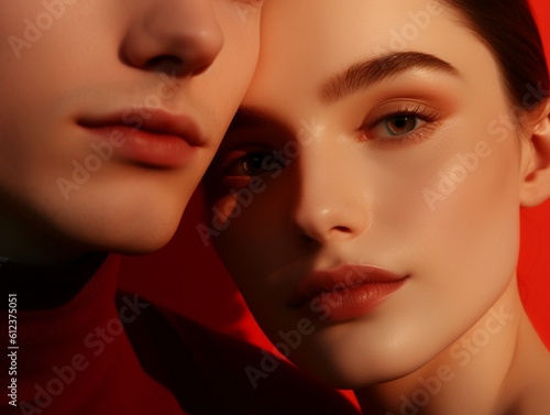 closeup sensual portrait of a beautiful couple  Beauty  fashion  skincare  cosmetics  wellness concept. Well-kept skin  fresh look  details. AI generative