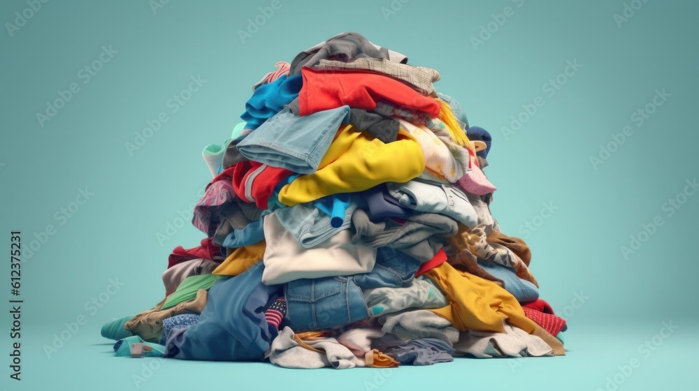 Pile of clothes on light blue background. Generative AI.