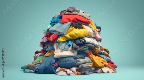 Pile of clothes on light blue background. Generative AI.