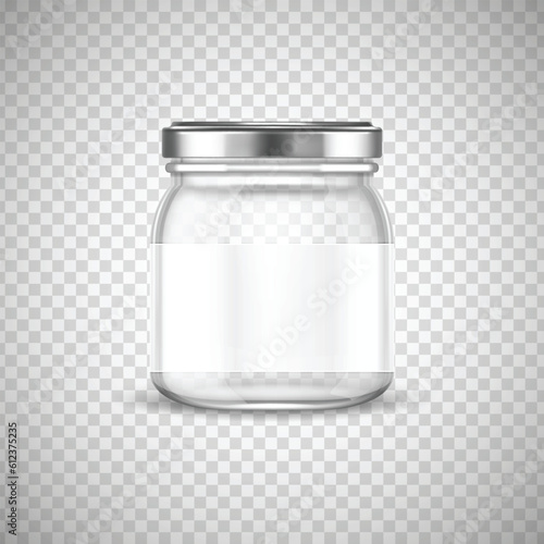 Glass jar. Empty clear glass container with metal cap, closed transparent 3d glassware for homemade jam and canning food, preservation and conservation, storage realistic vector isolated single.