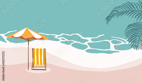 Summer background with umbrella, sea,chair.Vector summer banner
