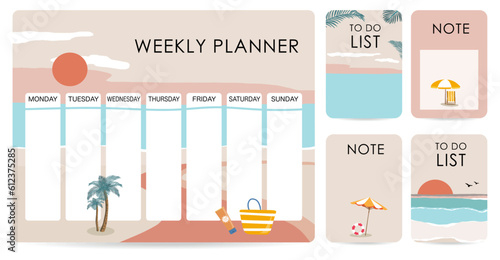 cute daily planner background with beach,sun,sea,sand.Vector illustration for kid and baby.Editable element