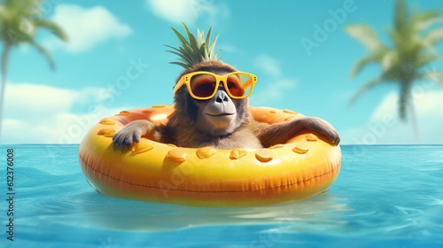 A cheeky monkey wearing a snorkel mask and floating on an inflatable pineapple float in a crystal-clear pool - Generative ai © Filip