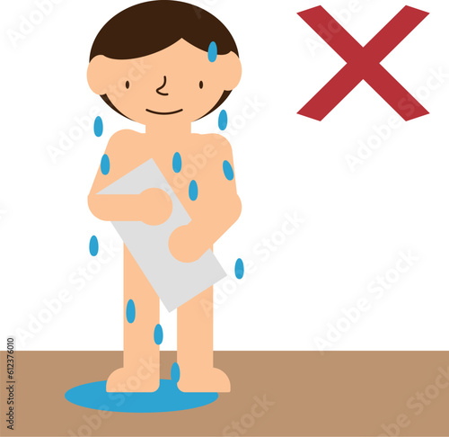 脱衣所で体を拭いているため床が濡れてしまったイラスト