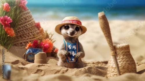 A curious meerkat wearing a Hawaiian shirt and a straw hat, building a sandcastle on the beach - Generative ai © Filip