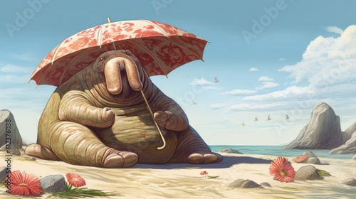 A jolly walrus sunbathing on a rocky beach, wearing a sun hat and using a clamshell as a beach umbrella - Generative ai photo