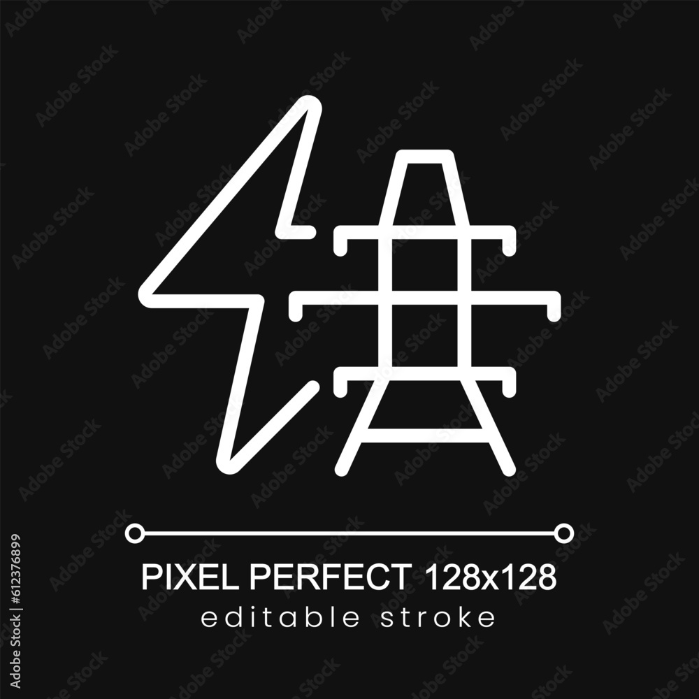 Power transmission line pixel perfect white linear icon for dark theme. Isolated vector illustration. Thin line illustration. Isolated symbol for night mode. Editable stroke. Poppins font used