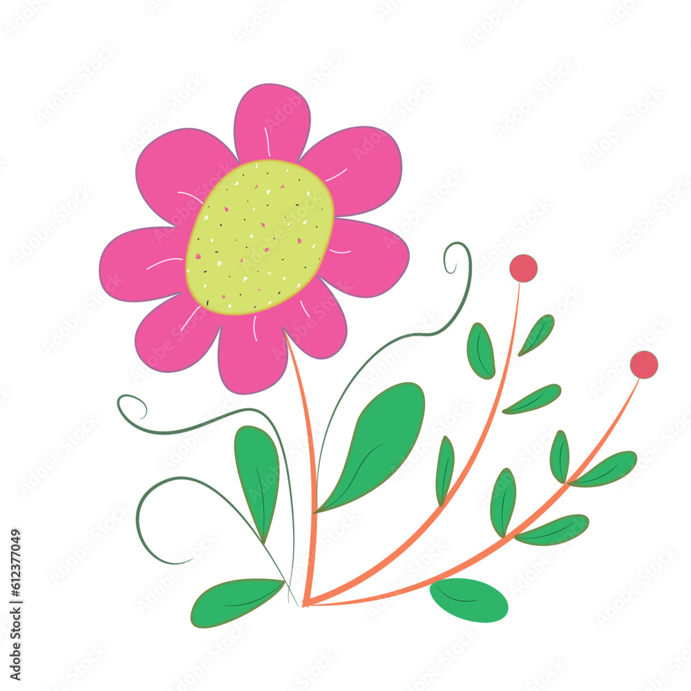 
pink flower and flower buds with green leaves