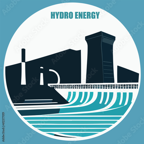 Vector illustration of hydro energy. Hydro power plant. Green energy. Renewable energe