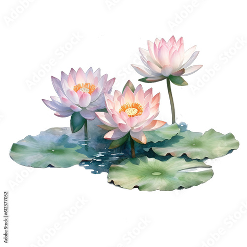 Beautiful blooming lotus flowers with bud and green leaf floating on the water isolated on Transparency Background  Generative AI