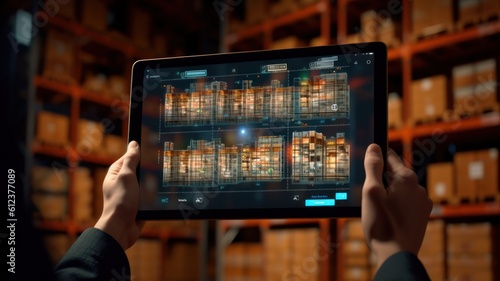 Smart warehouse, inventory management system concept, a manager using digital tablet showing warehouse software management dashboard on the blurred warehouse as background.Generated with AI