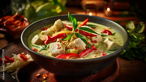 Generative AI. Fragrant Thai Green Curry with Coconut Milk and Fresh Vegetables