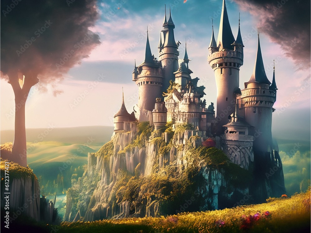 Enchanting fairytale castle surrounded by a magical landscape created with Generative AI