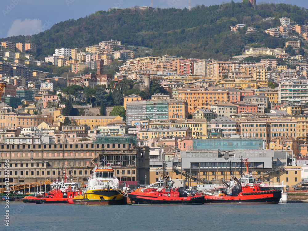 Genoa port, Europe's 2nd largest port, with cranes, container ships and loading equipments.