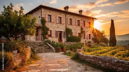 Depict a grand villa in the picturesque countryside of Umbria or Piedmont, with sprawling grounds, a private pool, and stunning vistas of vineyards or olive groves © Damian Sobczyk