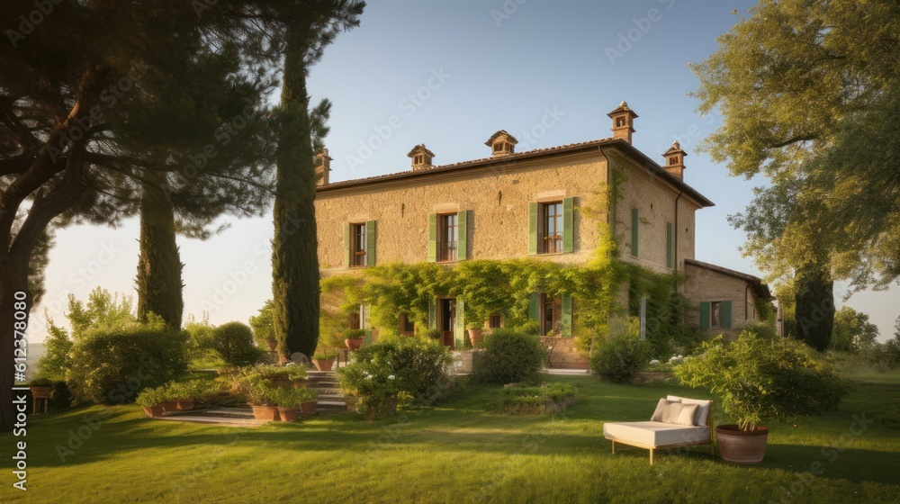 Depict a grand villa in the picturesque countryside of Umbria or Piedmont, with sprawling grounds, a private pool, and stunning vistas of vineyards or olive groves