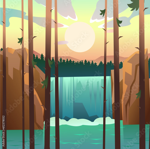 Waterfall in rocks. Coniferous thickets. Landscape with rocks and river among stones. Water is flowing. Splashes are pouring. Cartoon fun style. Flat design. Vector.