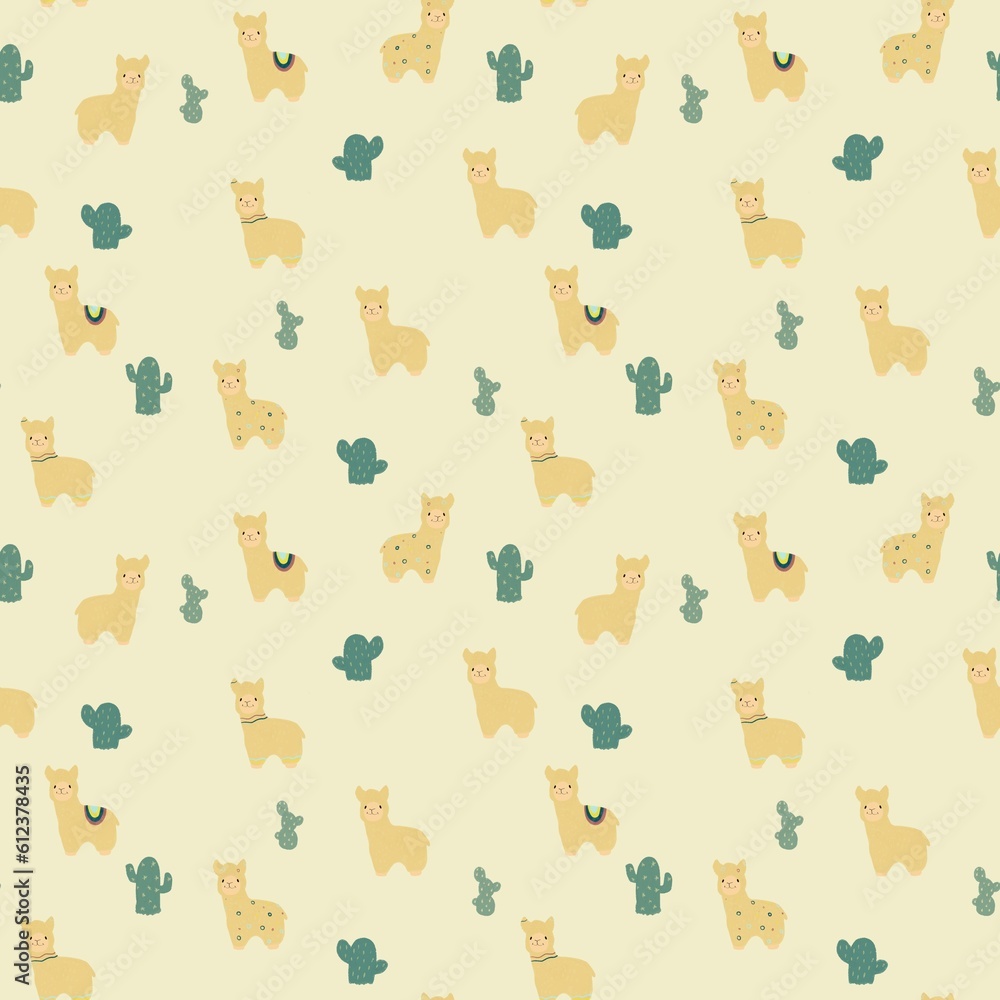 Fototapeta premium Lama and cacti seamless pattern hand drawn, cartoon style, for kids