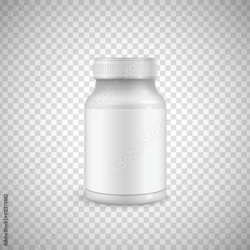 Plastic pill bottles. white 3d Vector illustration. Mockup Template of medicine package for pills, capsule, drugs. Sports and health life supplements.
