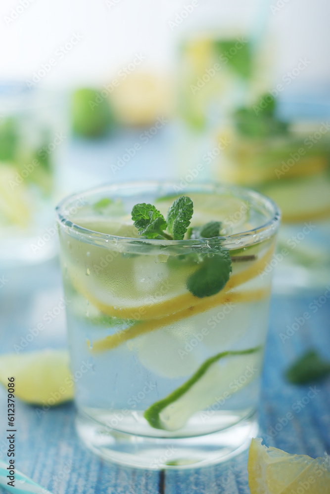 Glasses with lemon and lime lemonade Glasses with lemon and lime lemonade