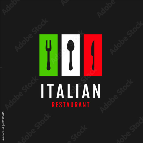 Flat flags color italy with food spoon fork knife logo design vector illustration symbol icon