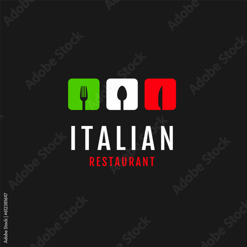 Flat flags color italy with food spoon fork knife logo design vector illustration symbol icon
