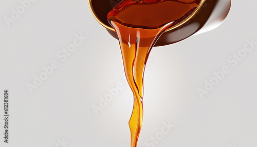 3D Render Maple Syrup Honey Pouring Isolated Design on White Background with Copy Space, liquid, food photography, food styling, food presentation, advertising, branding, graphic design, Banner, 