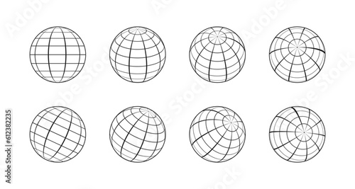 Earth globe made by grid from different sides. Set of 3d globes, grid spheres. Linear wireframe World globe in various position. Vector illustration.