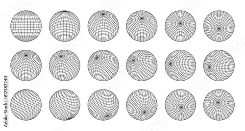 Earth globe made by grid from different sides. Set of 3d globes, grid spheres. Linear wireframe World globe in various position. Vector.
