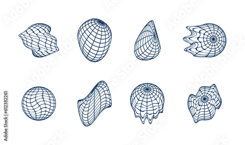 Earth globe that melts, set of melting globes. 3d distorted World globe made by grid in various position. Graphic elements in retro style. Vector.