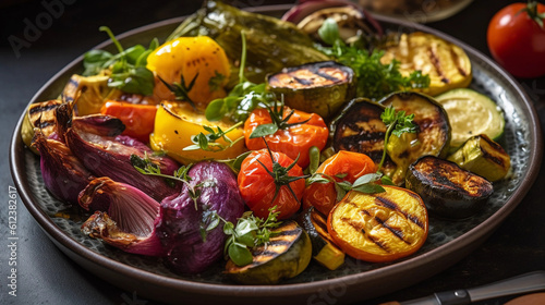 A plate of grilled vegetables, showcasing a variety of vibrant colors
