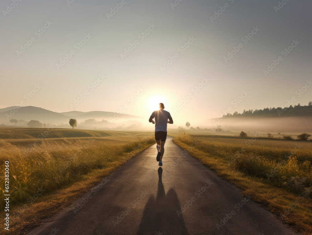 Runner athlete running on rural road at beautiful summer sunrise. created with Generative AI