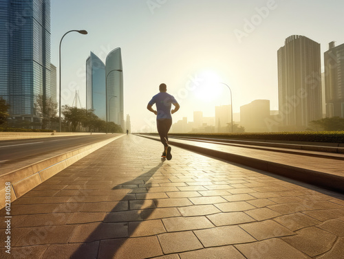 one person jog on the road in city at morning. created with Generative AI