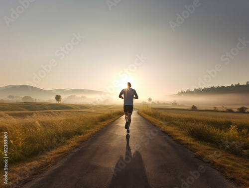 Runner athlete running on rural road at beautiful summer sunrise. created with Generative AI