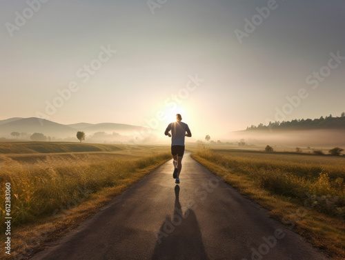Runner athlete running on rural road at beautiful summer sunrise. created with Generative AI © Robert