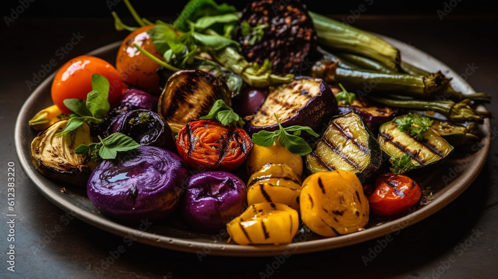 A plate of grilled vegetables, showcasing a variety of vibrant colors A plate of grilled vegetables, showcasing a variety of vibrant colors