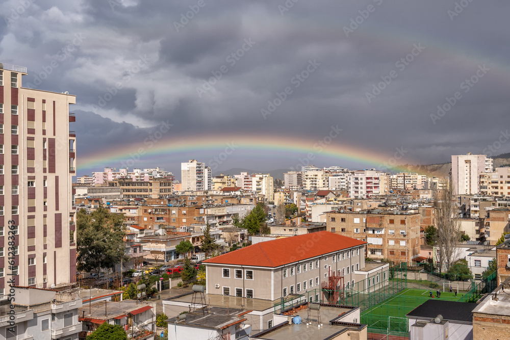 Industrial city urban house sky rainbow rain.