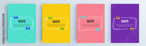 Quote frames blank templates set. Text in brackets, citation empty speech bubbles, quote bubbles. Textbox isolated on color background. Vector illustration.