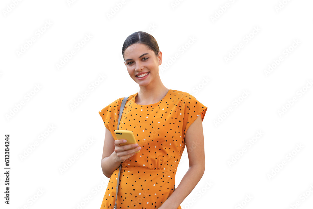 Portrait fashion woman in yellow dress on a transparent background holding smartphone in her hand Portrait fashion woman in yellow dress on a transparent background holding smartphone in her hand