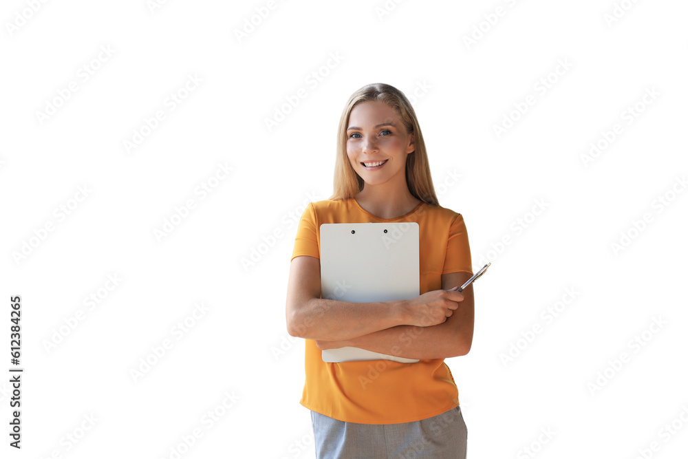 Attractive business woman in smart casual wear looking at camera and smiling while standing on a transparent background Attractive business woman in smart casual wear looking at camera and smiling while standing on a transparent background