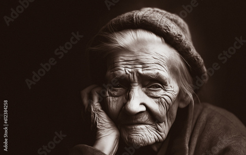 Portrait of old, sick and tired woman in a dark