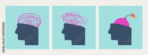 Silhouette of a human head with a tangle of confused thoughts or with a bomb inside. Mental health concept. Depression, psychological disorder, stress, anxiety. Set of vector isolated illustrations.