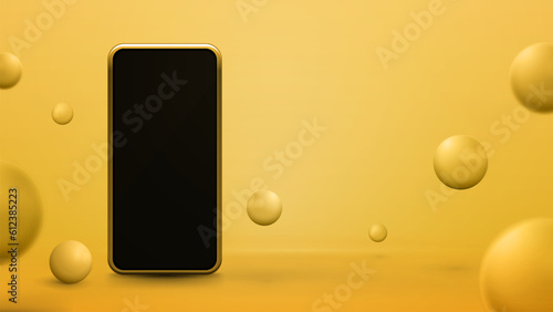 Smartphone mockup in yellow abstract scene with bouncing spheres. 3d render illustration with yellow abstract room with phone and 3D yellow spheres
