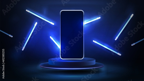 Smartphone on round dark podium with line random flying lamps around, 3d realistic vector illustration. Blue and dark digital scene with phone mockup