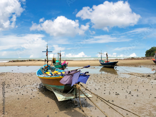 The sea view consists of small fishing boats. docked on the coast of the eastern part of Thailand