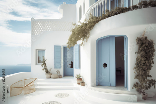 Mediterranean style white elegant house exterior with sea view, blue door and blooming plant climbing a wall. Modern greek architecture. Traditional villa of Santorini. Generative AI, human enhanced
