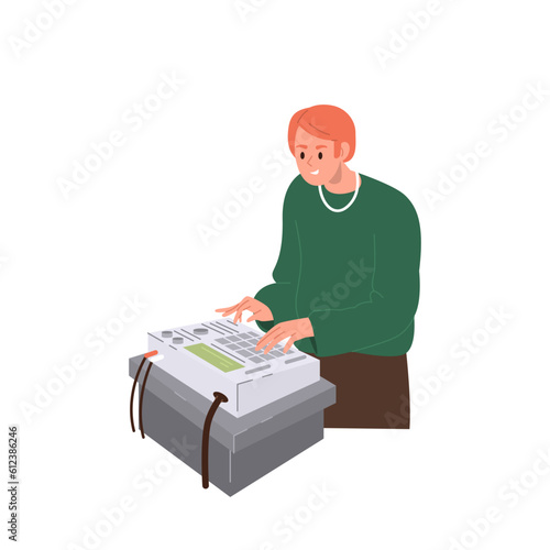 Young man talented musician character playing turntable dj mixing console vector illustration